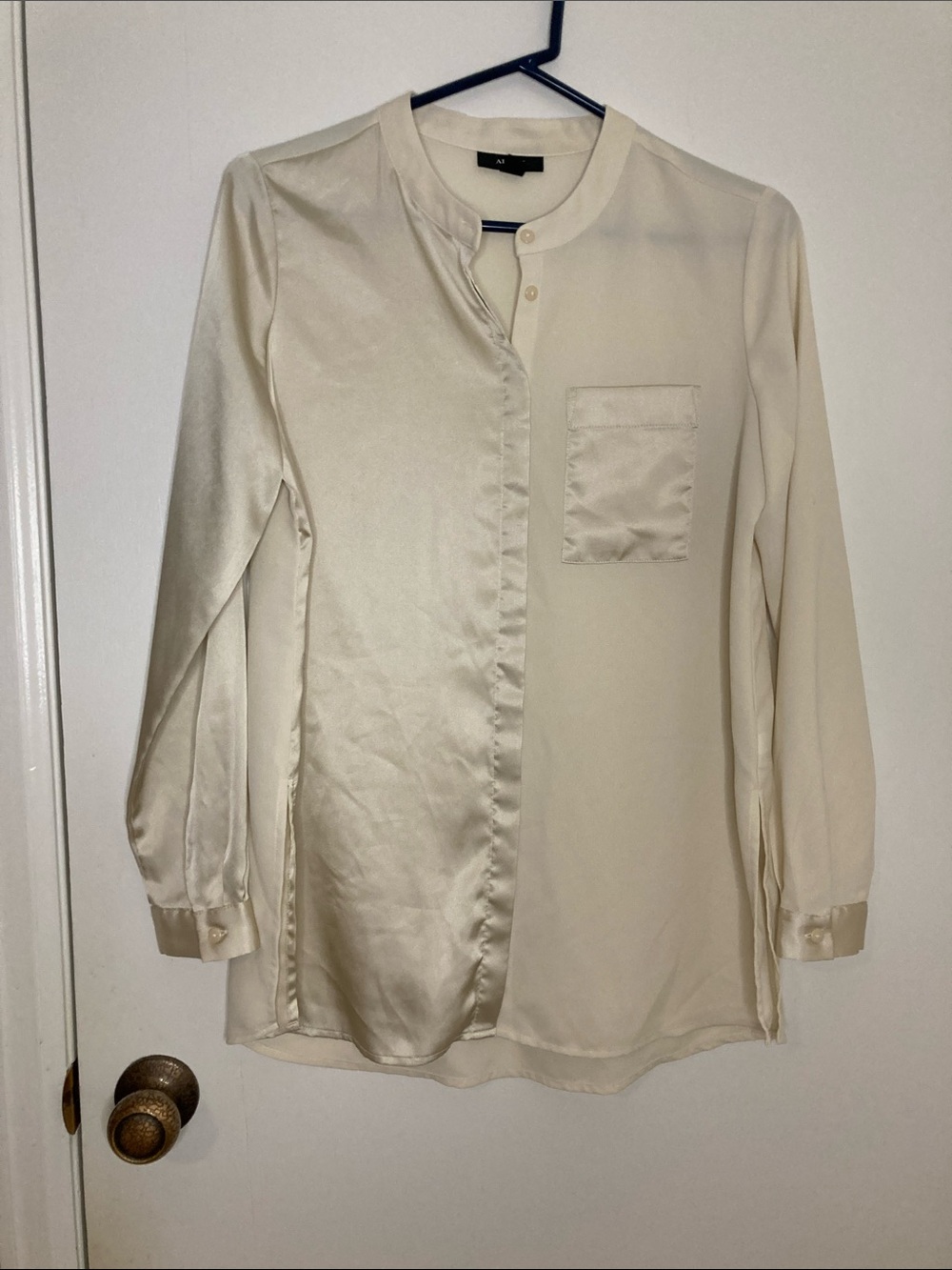 Alfani Cream Satin-Panel Button Front Blouse